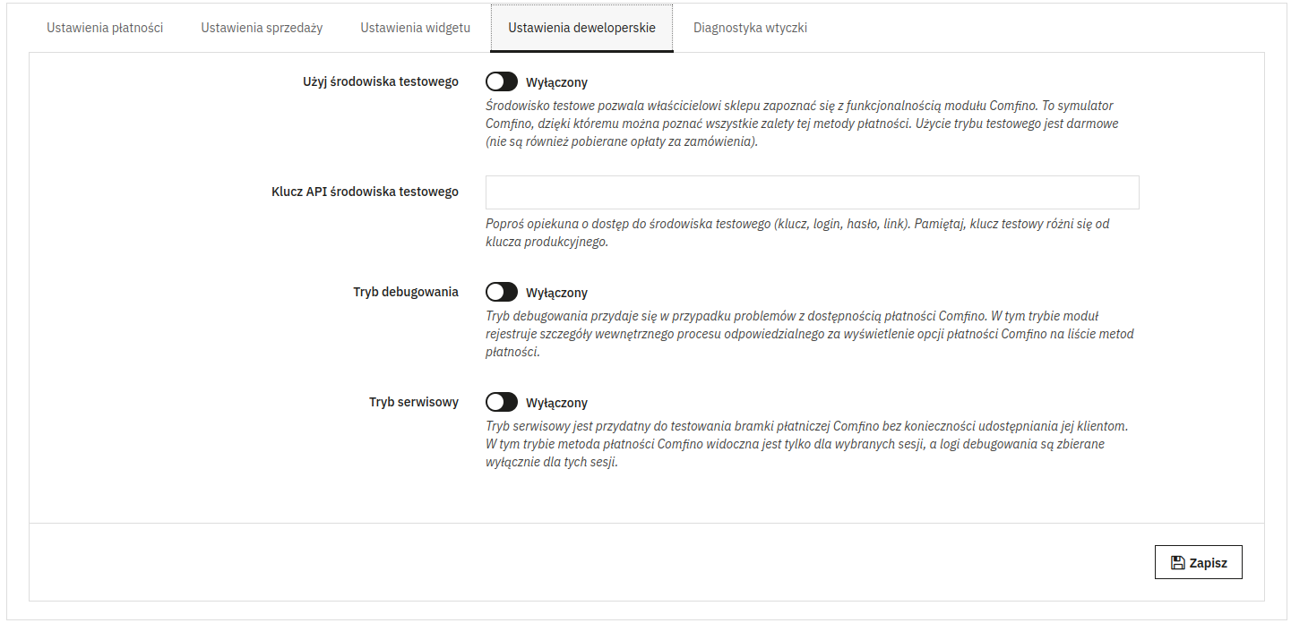 Ustawienia deweloperskie