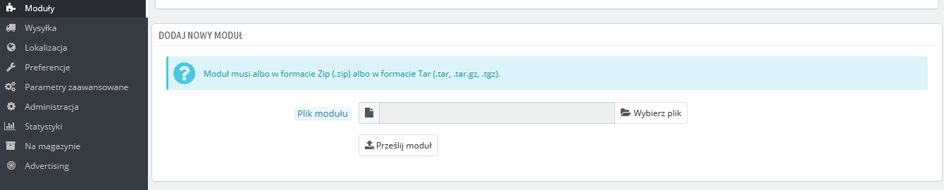 Panel wgrywania modułu — PrestaShop 1.6